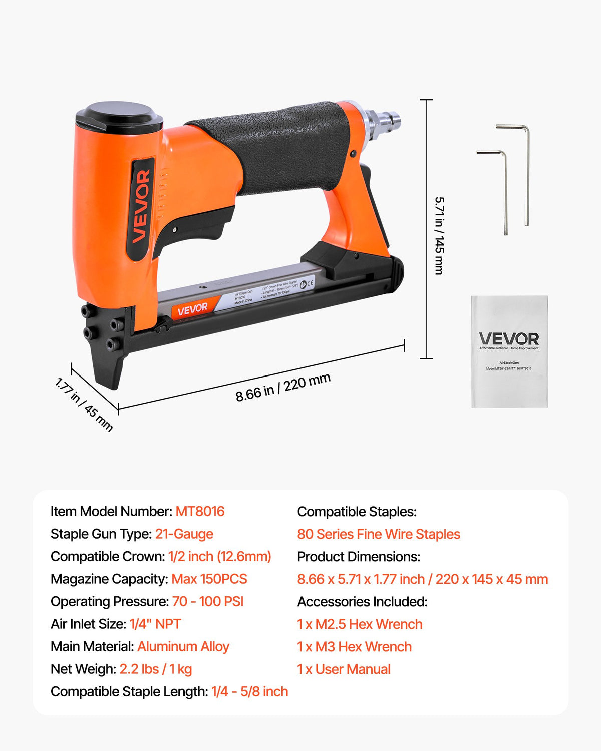 VEVOR Pneumatic Staple Gun, 21 Gauge Air Upholstery Stapler for 80 Series Fine Wire Staples 1/2" Crown 1/4"-5/8" Length, Max 150PCS Loading Air Staple Gun for Upholstering, Woodworking, DIY Projects - BCGDSDDQ21GAFJ000001V0 - view 8