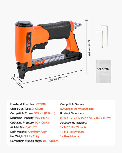 VEVOR Pneumatic Staple Gun, 21 Gauge Air Upholstery Stapler for 80 Series Fine Wire Staples 1/2" Crown 1/4"-5/8" Length, Max 150PCS Loading Air Staple Gun for Upholstering, Woodworking, DIY Projects - BCGDSDDQ21GAFJ000001V0 - view 8