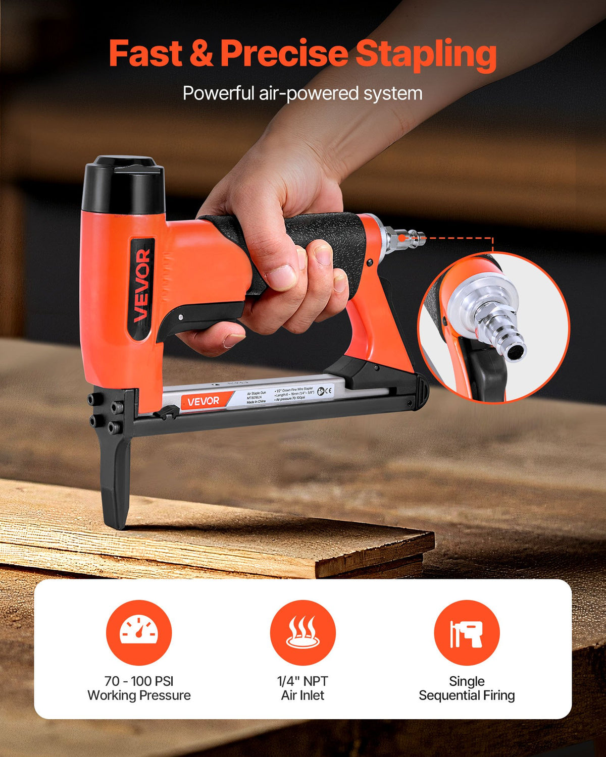 VEVOR Pneumatic Staple Gun, 21 Gauge Long-Nose Upholstery Stapler for 80 Series Fine Wire Staples 1/2-inch Crown 1/4"-5/8" Length, Max 150PCS Loading Air Staple Gun for Upholstering, Woodworking, DIY - BCGDSDDQ21GATTQZ5001V0 - view 3