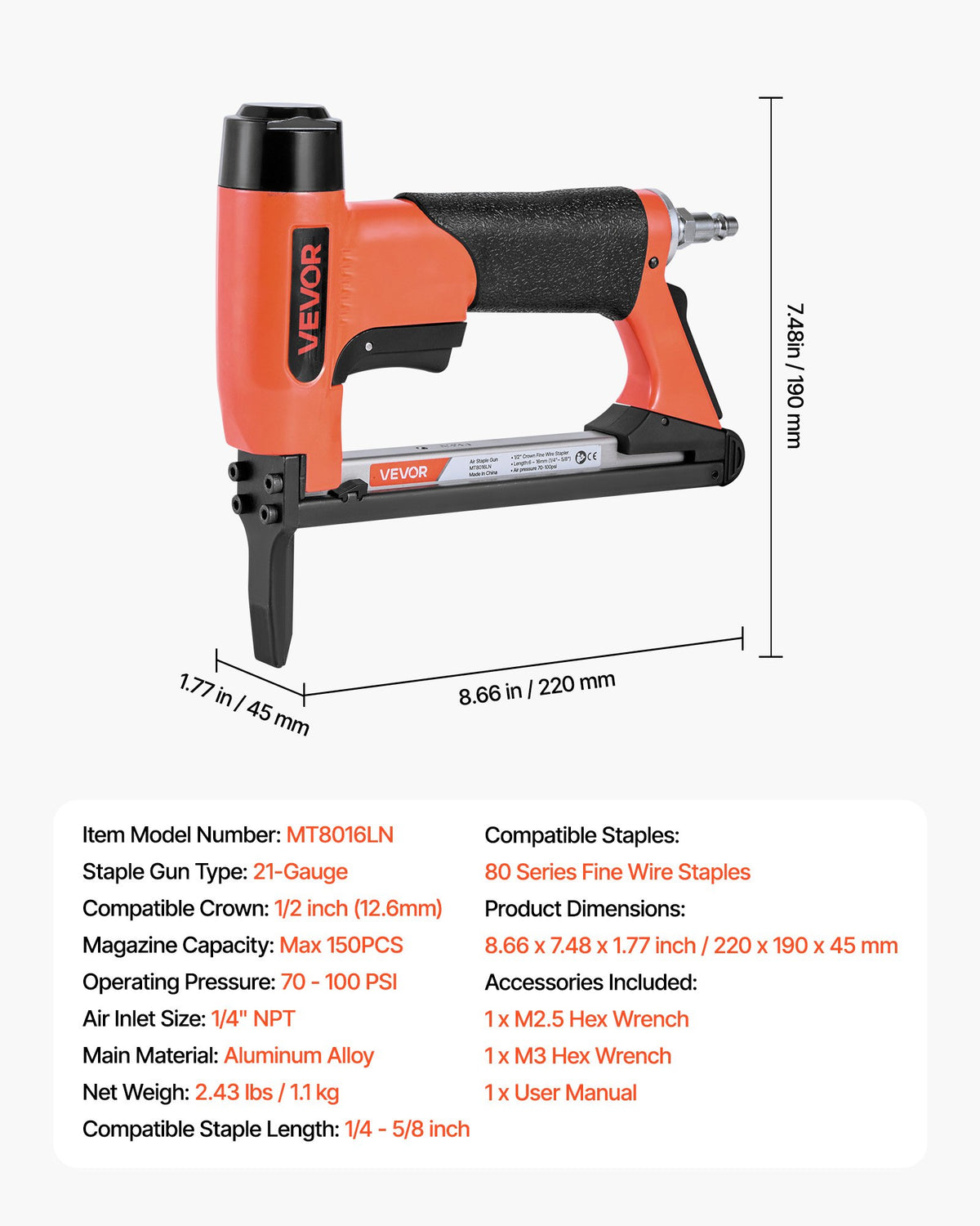 VEVOR Pneumatic Staple Gun, 21 Gauge Long-Nose Upholstery Stapler for 80 Series Fine Wire Staples 1/2-inch Crown 1/4"-5/8" Length, Max 150PCS Loading Air Staple Gun for Upholstering, Woodworking, DIY - BCGDSDDQ21GATTQZ5001V0 - view 8
