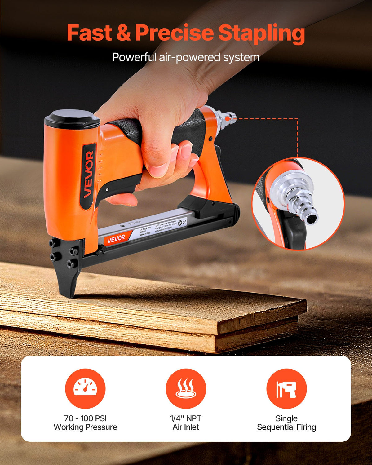 VEVOR Pneumatic Staple Gun, 22 Gauge Air Upholstery Stapler for 71 Series Fine Wire Staples 3/8" Crown 1/4"-5/8" Length, Max 180PCS Loading Air Staple Gun for Upholstering, Woodworking, DIY Projects - BCGDSDDQ22GAOD6LE001V0 - view 3