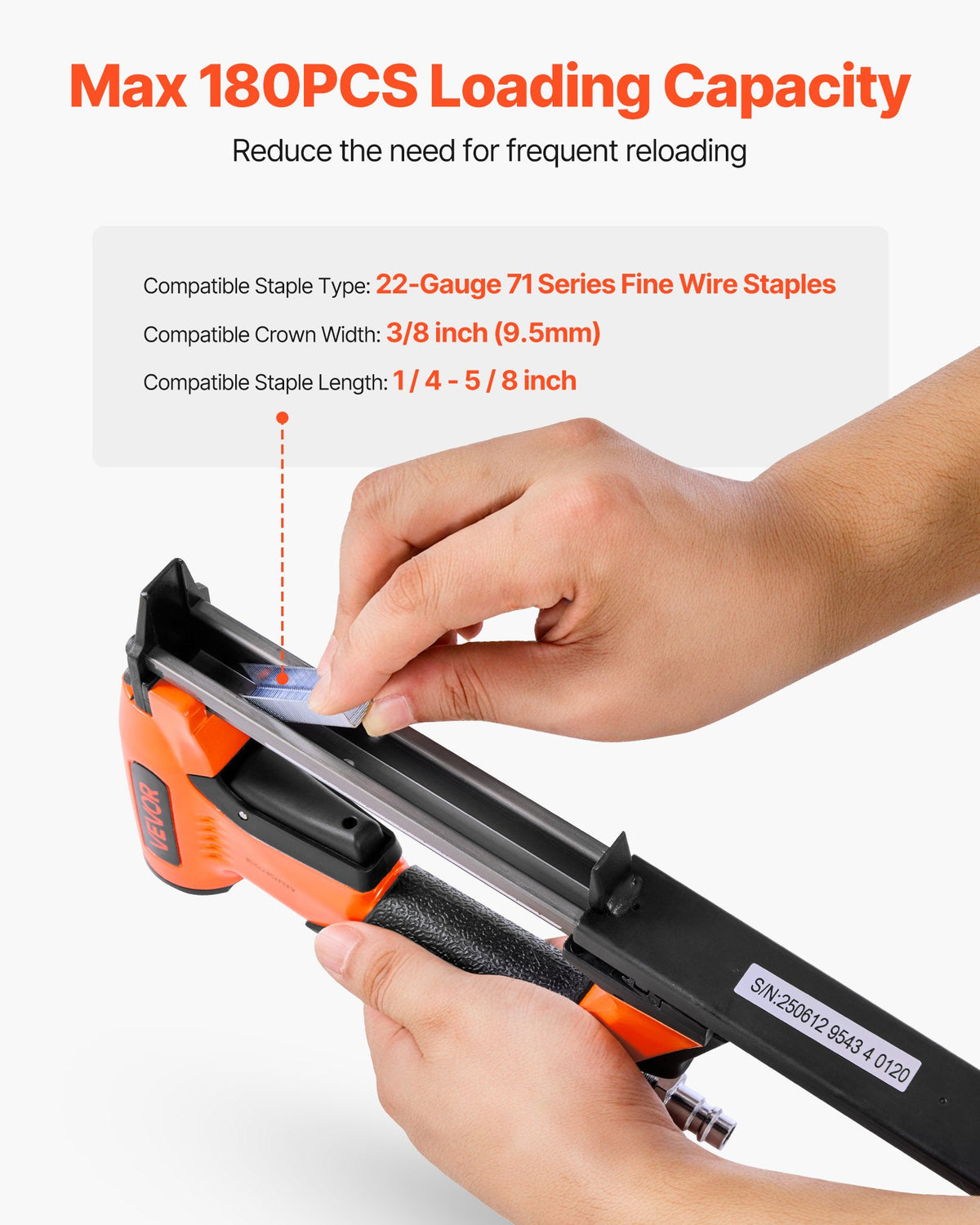 VEVOR Pneumatic Staple Gun, 22 Gauge Air Upholstery Stapler for 71 Series Fine Wire Staples 3/8" Crown 1/4"-5/8" Length, Max 180PCS Loading Air Staple Gun for Upholstering, Woodworking, DIY Projects - BCGDSDDQ22GAOD6LE001V0 - view 4