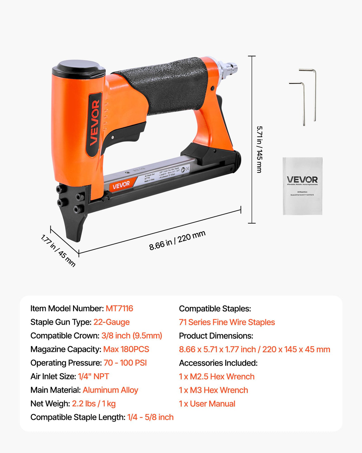 VEVOR Pneumatic Staple Gun, 22 Gauge Air Upholstery Stapler for 71 Series Fine Wire Staples 3/8" Crown 1/4"-5/8" Length, Max 180PCS Loading Air Staple Gun for Upholstering, Woodworking, DIY Projects - BCGDSDDQ22GAOD6LE001V0 - view 8