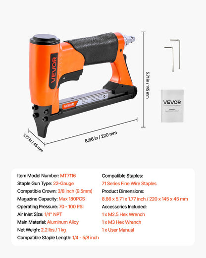 VEVOR Pneumatic Staple Gun, 22 Gauge Air Upholstery Stapler for 71 Series Fine Wire Staples 3/8" Crown 1/4"-5/8" Length, Max 180PCS Loading Air Staple Gun for Upholstering, Woodworking, DIY Projects - BCGDSDDQ22GAOD6LE001V0 - view 8
