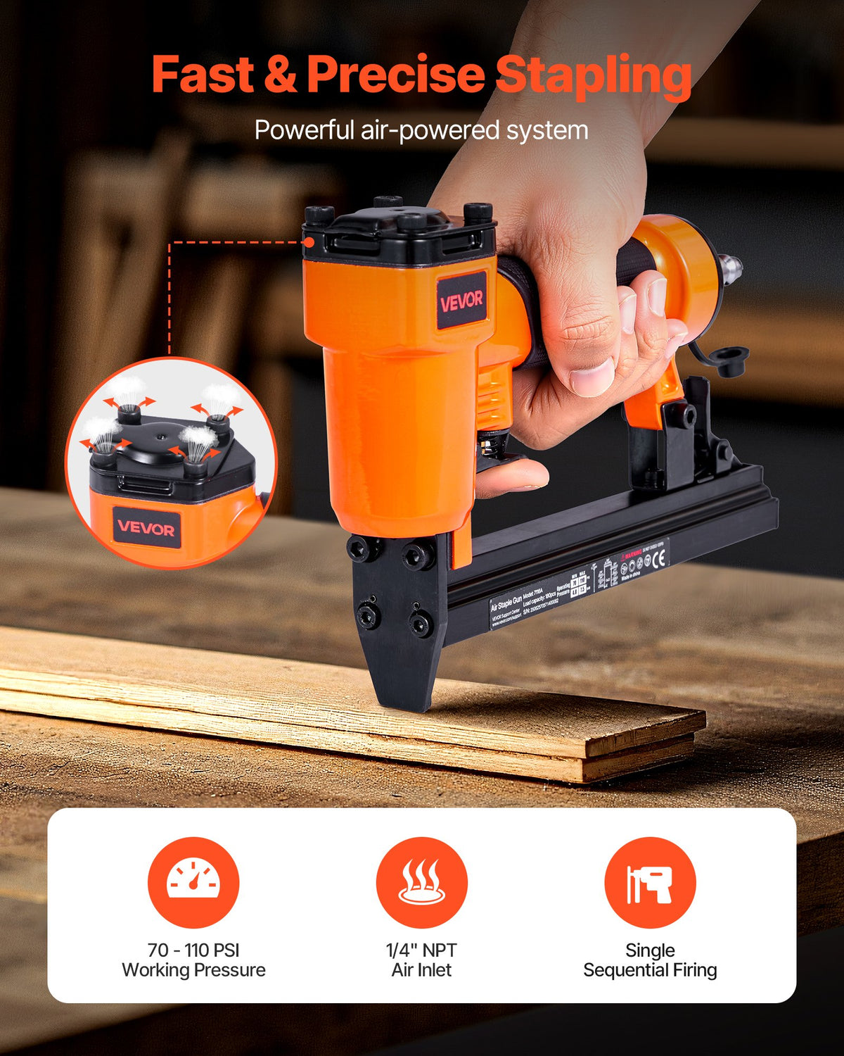 VEVOR Pneumatic Staple Gun, 22 Gauge Pneumatic Upholstery Stapler for 71 Series Fine Wire Staples 3/8-inch Crown 5/32"-5/8" Length, 70-110 PSI Air Staple Gun for Woodworking, Upholstering, DIY Project - BCGDSDDQ22GASJHIH001V0 - view 3
