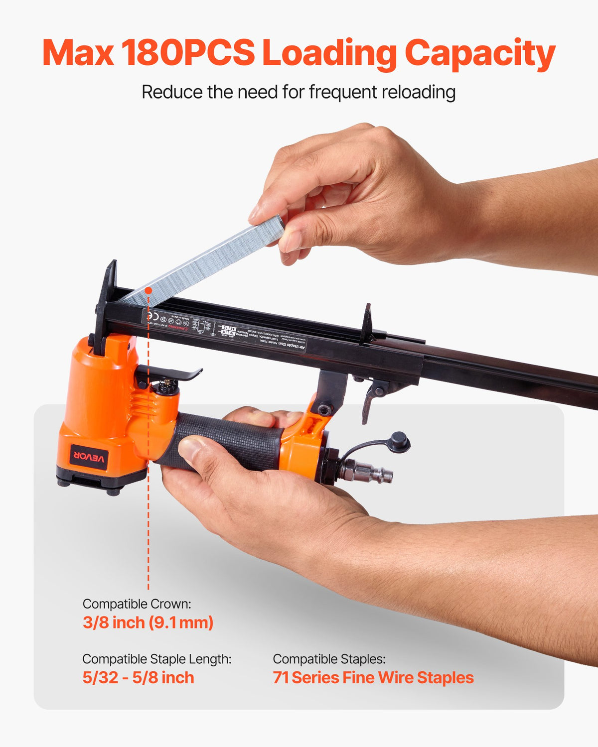 VEVOR Pneumatic Staple Gun, 22 Gauge Pneumatic Upholstery Stapler for 71 Series Fine Wire Staples 3/8-inch Crown 5/32"-5/8" Length, 70-110 PSI Air Staple Gun for Woodworking, Upholstering, DIY Project - BCGDSDDQ22GASJHIH001V0 - view 4