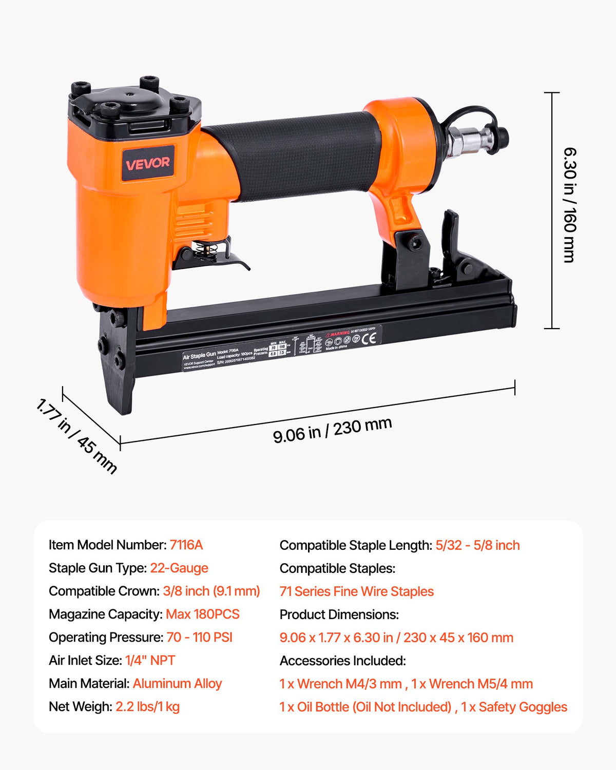 VEVOR Pneumatic Staple Gun, 22 Gauge Pneumatic Upholstery Stapler for 71 Series Fine Wire Staples 3/8-inch Crown 5/32"-5/8" Length, 70-110 PSI Air Staple Gun for Woodworking, Upholstering, DIY Project - BCGDSDDQ22GASJHIH001V0 - view 8