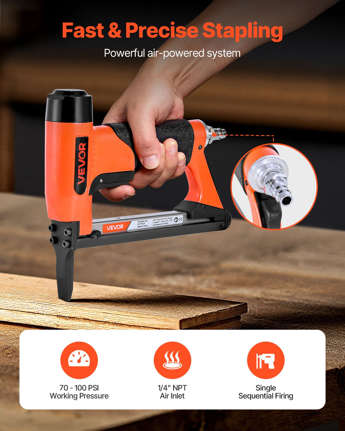 VEVOR Pneumatic Staple Gun, 22 Gauge Long-Nose Upholstery Stapler for 71 Series Fine Wire Staples 3/8-inch Crown 1/4"-5/8" Length, Max 180PCS Loading Air Staple Gun for Upholstering, Woodworking, DIY - BCGDSDDQ22GAXGATF001V0 - view 3