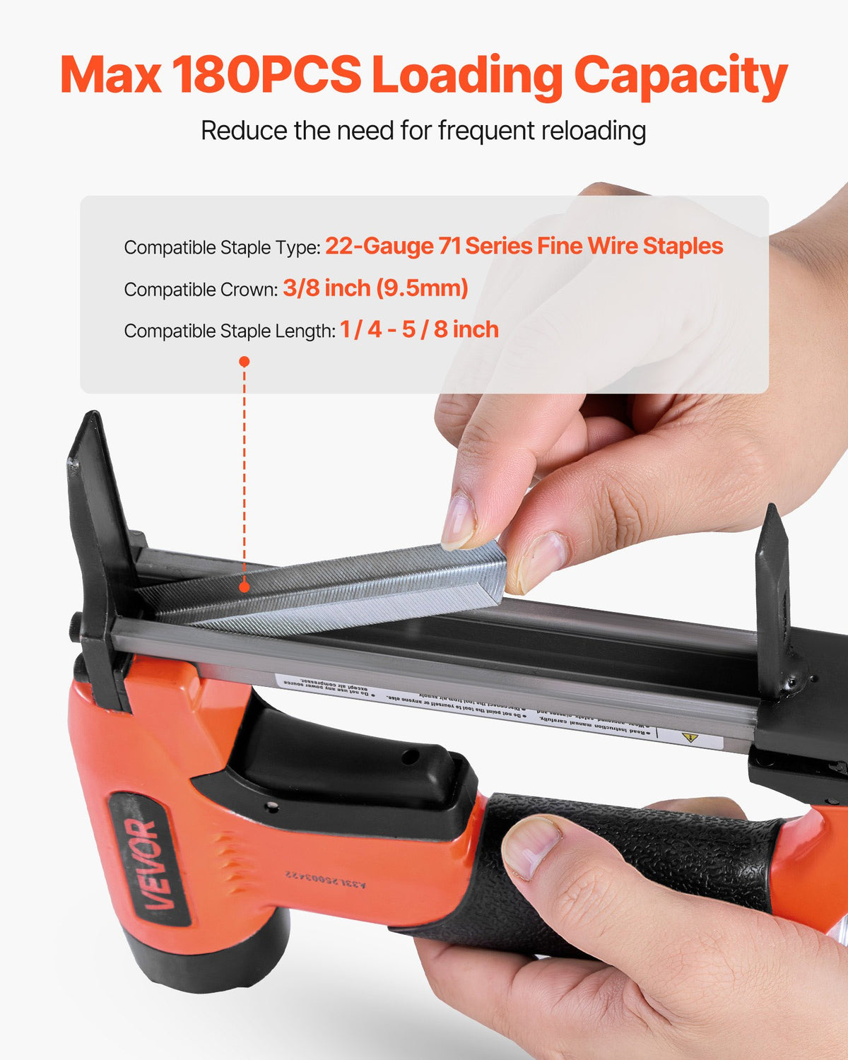 VEVOR Pneumatic Staple Gun, 22 Gauge Long-Nose Upholstery Stapler for 71 Series Fine Wire Staples 3/8-inch Crown 1/4"-5/8" Length, Max 180PCS Loading Air Staple Gun for Upholstering, Woodworking, DIY - BCGDSDDQ22GAXGATF001V0 - view 5