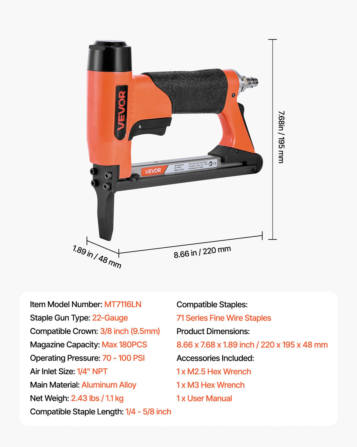 VEVOR Pneumatic Staple Gun, 22 Gauge Long-Nose Upholstery Stapler for 71 Series Fine Wire Staples 3/8-inch Crown 1/4"-5/8" Length, Max 180PCS Loading Air Staple Gun for Upholstering, Woodworking, DIY - BCGDSDDQ22GAXGATF001V0 - view 8