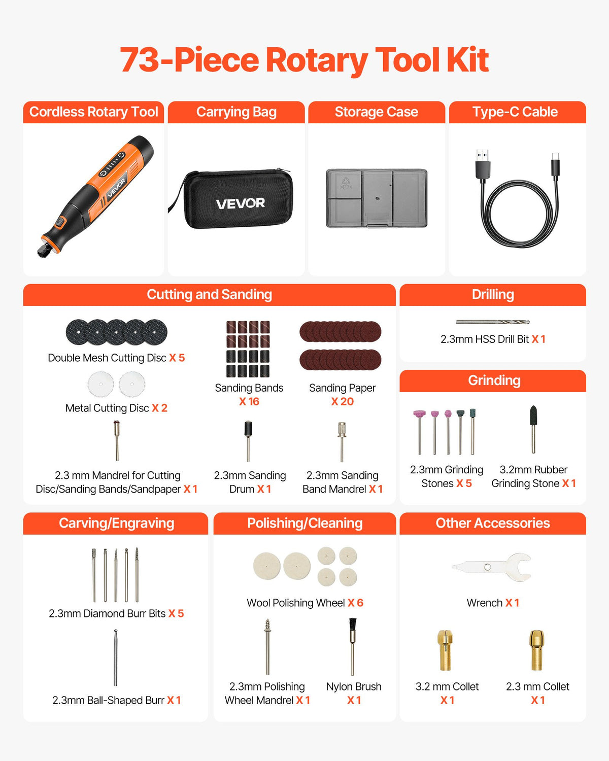 VEVOR 73-Piece Cordless Rotary Tool Kit, DC4V Portable Mini Power Rotary Tool, 5-Level Speed 7000-20000 RPM Multi-Purpose DIY Tools for Engraving, Sanding, Polishing, Carving, Cutting, DIY Crafts - BCGXZGJTJWSDD8PM2001V9 - view 5