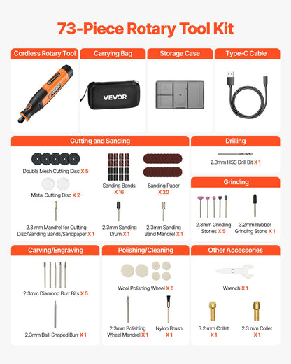 VEVOR 73-Piece Cordless Rotary Tool Kit, DC4V Portable Mini Power Rotary Tool, 5-Level Speed 7000-20000 RPM Multi-Purpose DIY Tools for Engraving, Sanding, Polishing, Carving, Cutting, DIY Crafts - BCGXZGJTJWSDD8PM2001V9 - view 5