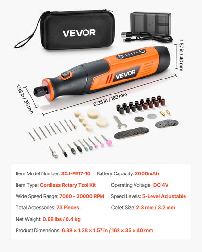 VEVOR 73-Piece Cordless Rotary Tool Kit, DC4V Portable Mini Power Rotary Tool, 5-Level Speed 7000-20000 RPM Multi-Purpose DIY Tools for Engraving, Sanding, Polishing, Carving, Cutting, DIY Crafts - BCGXZGJTJWSDD8PM2001V9 - view 8