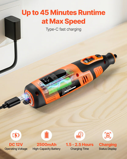 VEVOR 119-Piece Cordless Rotary Tool Kit, DC12V Portable Mini Power Rotary Tool, 28-Level Speed 5000-32000 RPM Multi-Purpose DIY Tools for Engraving, Sanding, Polishing, Carving, Cutting, DIY Crafts - BCGXZGJTJWSDF82RW001V9 - view 4