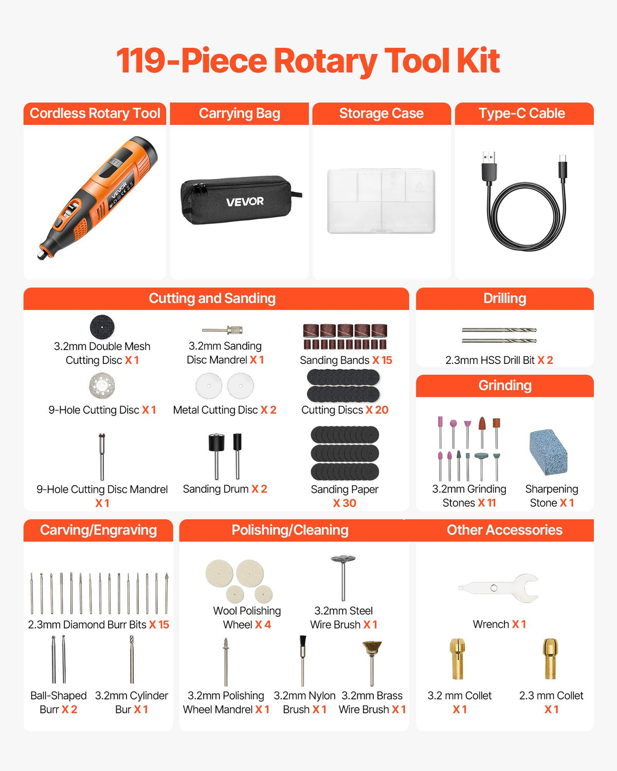 VEVOR 119-Piece Cordless Rotary Tool Kit, DC12V Portable Mini Power Rotary Tool, 28-Level Speed 5000-32000 RPM Multi-Purpose DIY Tools for Engraving, Sanding, Polishing, Carving, Cutting, DIY Crafts - BCGXZGJTJWSDF82RW001V9 - view 5
