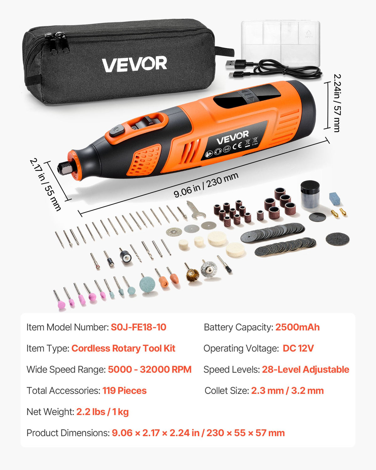 VEVOR 119-Piece Cordless Rotary Tool Kit, DC12V Portable Mini Power Rotary Tool, 28-Level Speed 5000-32000 RPM Multi-Purpose DIY Tools for Engraving, Sanding, Polishing, Carving, Cutting, DIY Crafts - BCGXZGJTJWSDF82RW001V9 - view 8