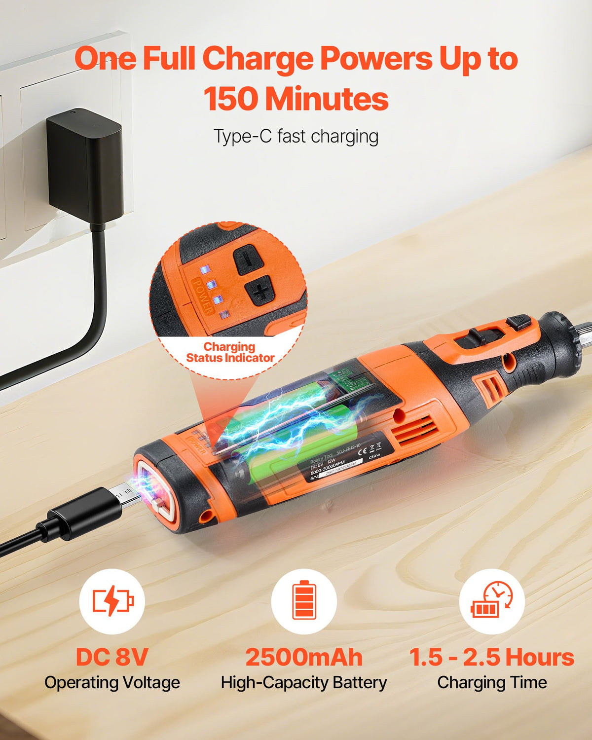 VEVOR 136-Piece Cordless Rotary Tool Kit, DC8V Portable Mini Power Rotary Tool, 5 Speeds 5000-30000RPM Multi-Purpose DIY Tools for Engraving, Sanding, Polishing, Carving, Grinding, Cutting, DIY Craft - BCGXZGJTJWSDXP1CC001V9 - view 4