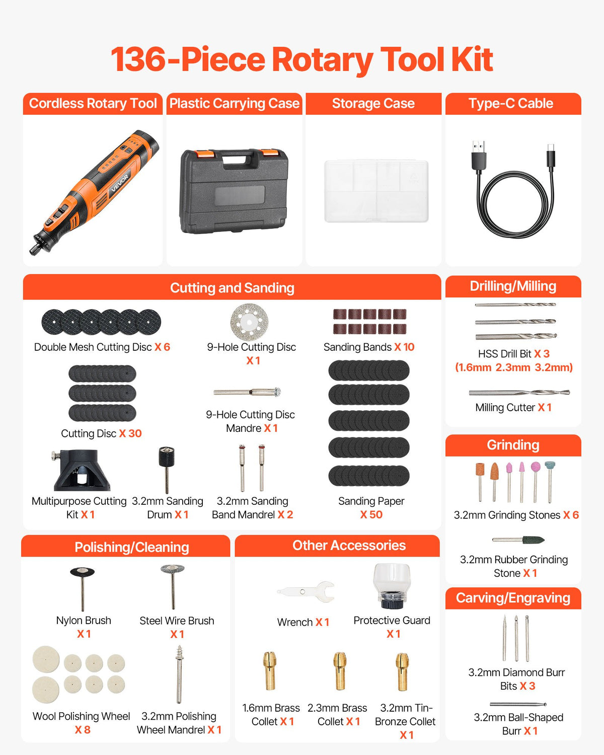 VEVOR 136-Piece Cordless Rotary Tool Kit, DC8V Portable Mini Power Rotary Tool, 5 Speeds 5000-30000RPM Multi-Purpose DIY Tools for Engraving, Sanding, Polishing, Carving, Grinding, Cutting, DIY Craft - BCGXZGJTJWSDXP1CC001V9 - view 5