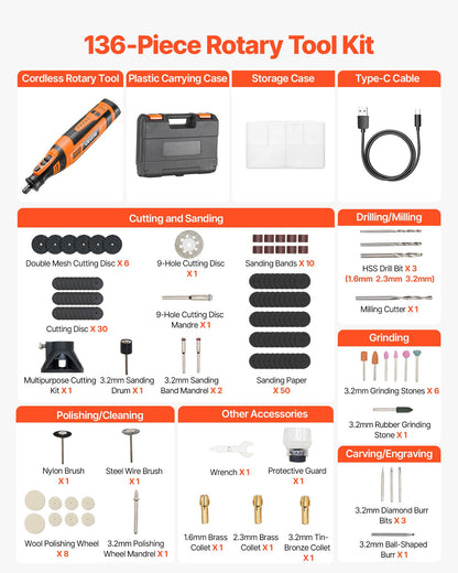 VEVOR 136-Piece Cordless Rotary Tool Kit, DC8V Portable Mini Power Rotary Tool, 5 Speeds 5000-30000RPM Multi-Purpose DIY Tools for Engraving, Sanding, Polishing, Carving, Grinding, Cutting, DIY Craft - BCGXZGJTJWSDXP1CC001V9 - view 5