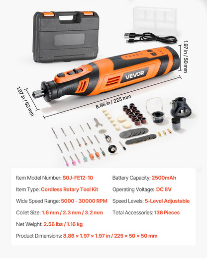 VEVOR 136-Piece Cordless Rotary Tool Kit, DC8V Portable Mini Power Rotary Tool, 5 Speeds 5000-30000RPM Multi-Purpose DIY Tools for Engraving, Sanding, Polishing, Carving, Grinding, Cutting, DIY Craft - BCGXZGJTJWSDXP1CC001V9 - view 8