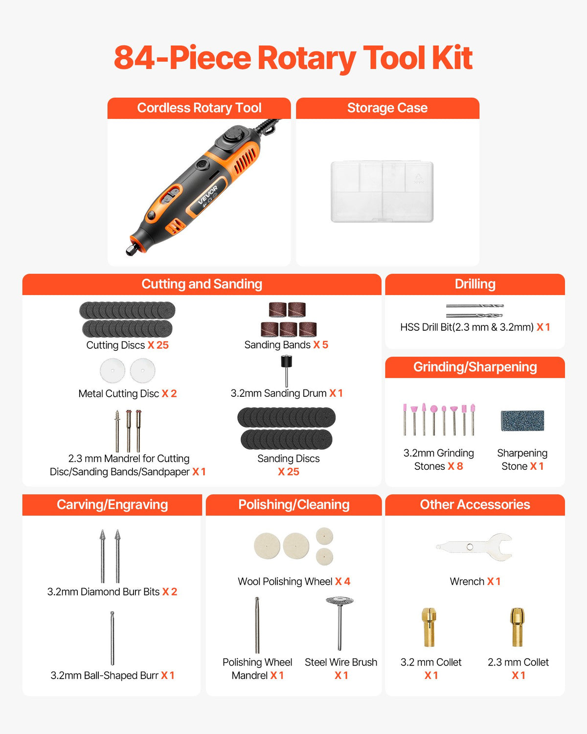 VEVOR 84-Piece Rotary Tool Kit, 200W Mini Power Rotary Tool Corded , 6-Level Speed 8000-40000 RPM Multi-Purpose DIY Tools for Engraving, Sanding, Polishing, Carving, Grinding, Cutting, DIY Crafts - BCGXZGJTJYSJE7E9X001V1 - view 5