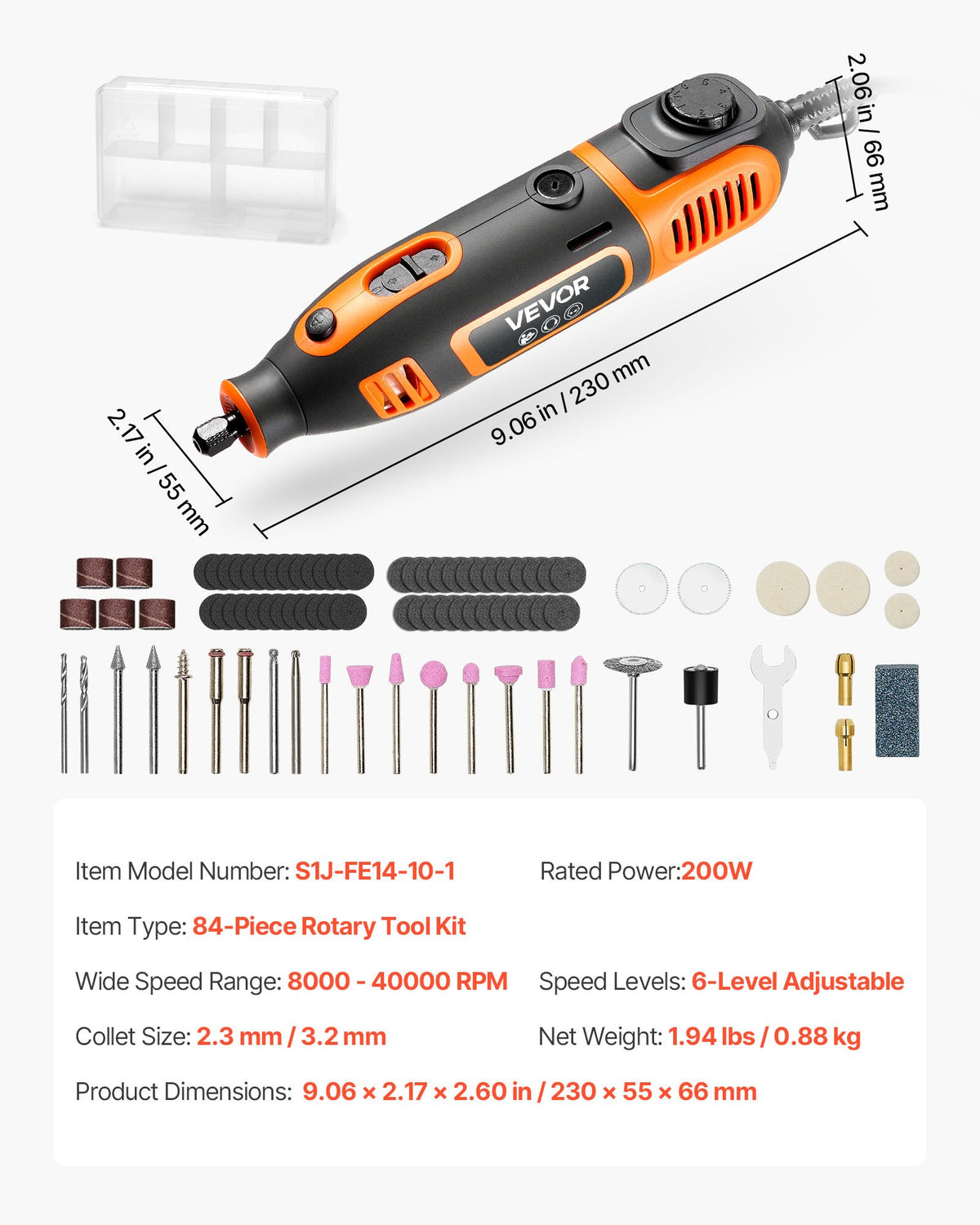 VEVOR 84-Piece Rotary Tool Kit, 200W Mini Power Rotary Tool Corded , 6-Level Speed 8000-40000 RPM Multi-Purpose DIY Tools for Engraving, Sanding, Polishing, Carving, Grinding, Cutting, DIY Crafts - BCGXZGJTJYSJE7E9X001V1 - view 8
