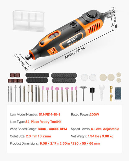 VEVOR 84-Piece Rotary Tool Kit, 200W Mini Power Rotary Tool Corded , 6-Level Speed 8000-40000 RPM Multi-Purpose DIY Tools for Engraving, Sanding, Polishing, Carving, Grinding, Cutting, DIY Crafts - BCGXZGJTJYSJE7E9X001V1 - view 8