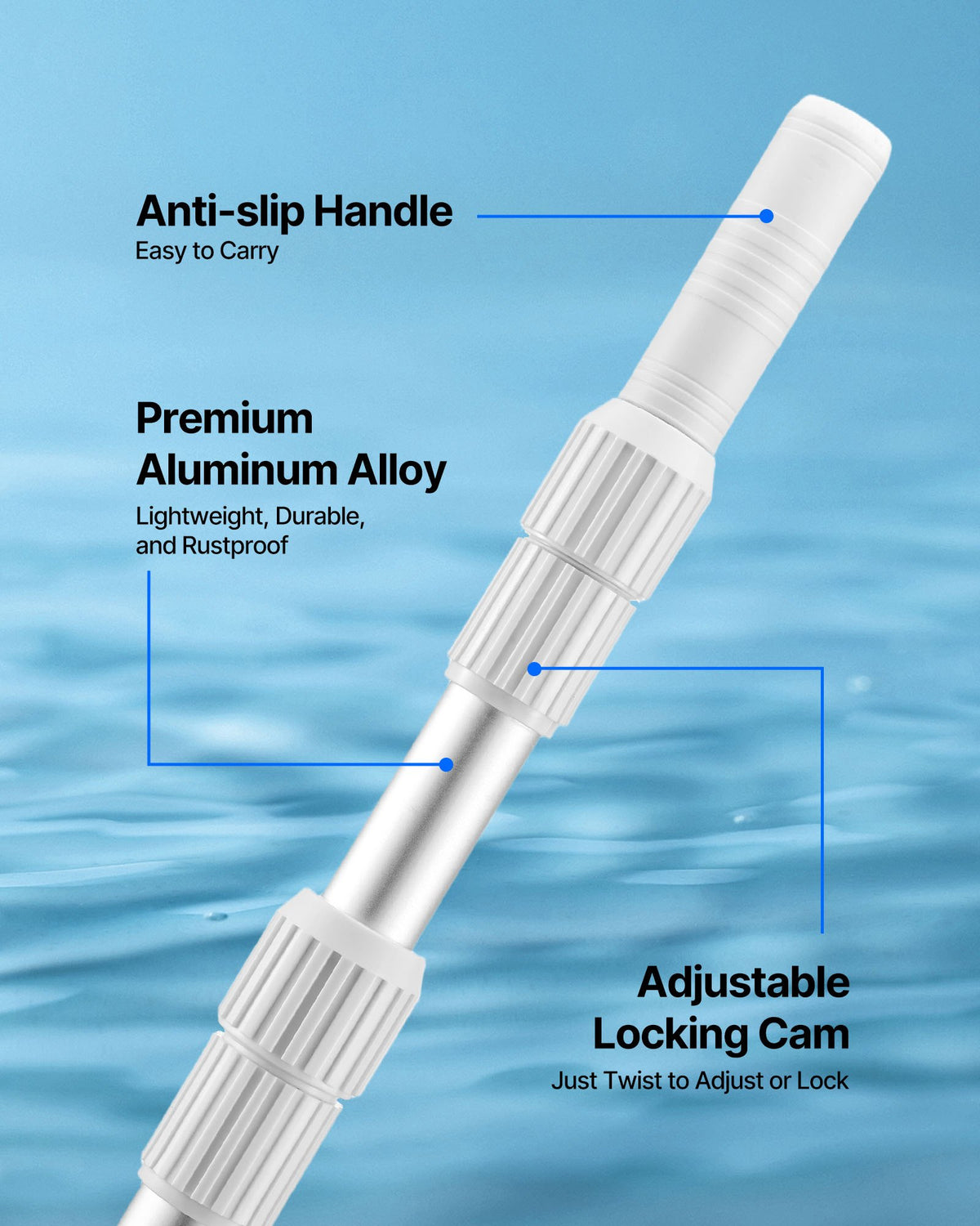 VEVOR Pool Pole, 3.4 to 12 Ft Telescoping Swimming Pool Cleaning Poles, Professional Adjustable Telescopic Pole with Extension Pole, Heavy Duty Cleaner Stick for Skimmer Net, Rake, Brush, Vacuum Head - BCGYCQJTJYCGUEC1M001V0 - view 4