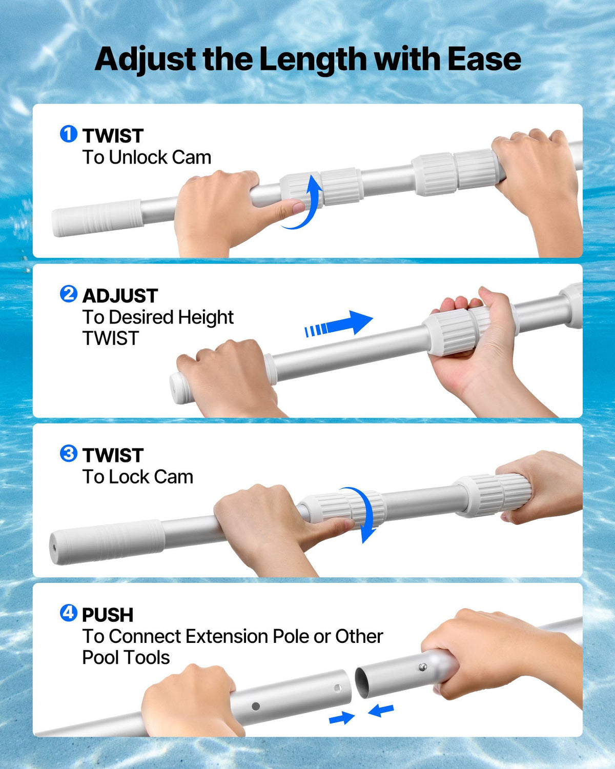 VEVOR Pool Pole, 3.4 to 12 Ft Telescoping Swimming Pool Cleaning Poles, Professional Adjustable Telescopic Pole with Extension Pole, Heavy Duty Cleaner Stick for Skimmer Net, Rake, Brush, Vacuum Head - BCGYCQJTJYCGUEC1M001V0 - view 5