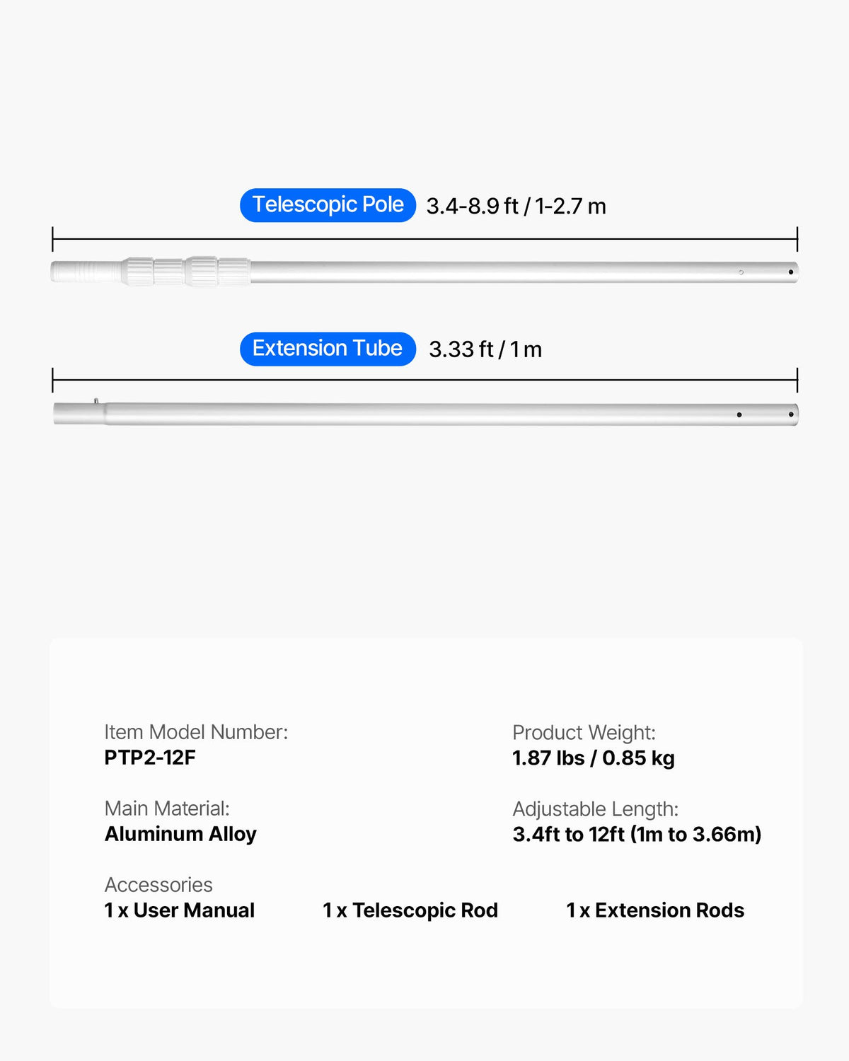 VEVOR Pool Pole, 3.4 to 12 Ft Telescoping Swimming Pool Cleaning Poles, Professional Adjustable Telescopic Pole with Extension Pole, Heavy Duty Cleaner Stick for Skimmer Net, Rake, Brush, Vacuum Head - BCGYCQJTJYCGUEC1M001V0 - view 8