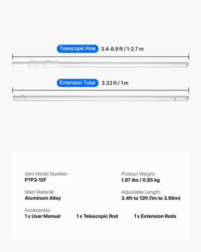 VEVOR Pool Pole, 3.4 to 12 Ft Telescoping Swimming Pool Cleaning Poles, Professional Adjustable Telescopic Pole with Extension Pole, Heavy Duty Cleaner Stick for Skimmer Net, Rake, Brush, Vacuum Head - BCGYCQJTJYCGUEC1M001V0 - view 8