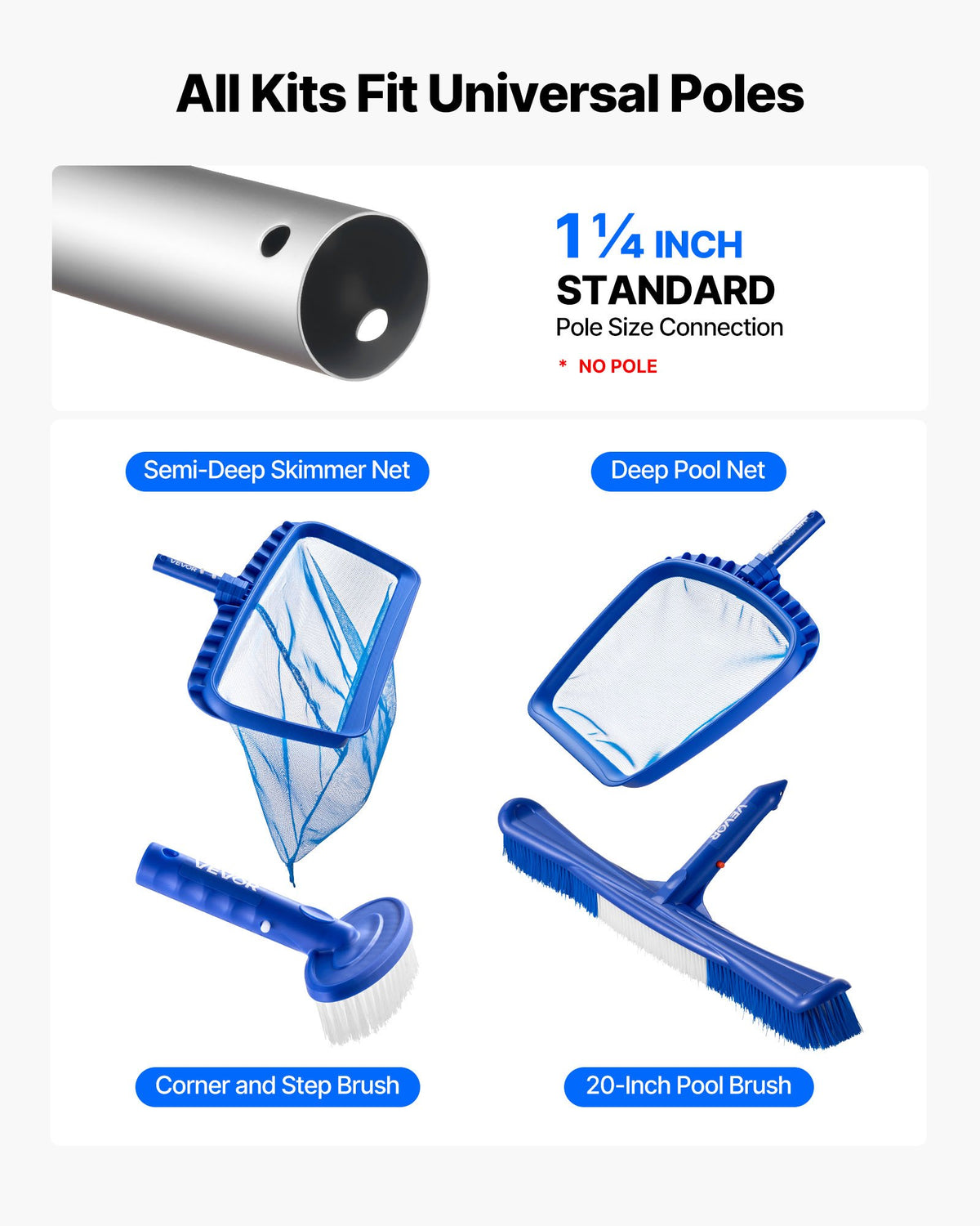 VEVOR Swimming Pool Cleaning Kit, Includes 2 Detachable Brush Heads (20 Inch / 5.5 Inch) and 2 Pool Skimmer Nets, 4-in-1 Inground/Above Ground Pools Cleaning Tools Set for Leaf, Fine Mesh, No Poles - BCGYCQJTJYCQOQBUJ001V0 - view 3