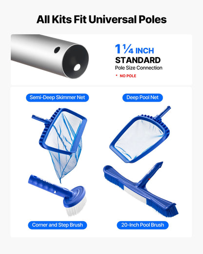 VEVOR Swimming Pool Cleaning Kit, Includes 2 Detachable Brush Heads (20 Inch / 5.5 Inch) and 2 Pool Skimmer Nets, 4-in-1 Inground/Above Ground Pools Cleaning Tools Set for Leaf, Fine Mesh, No Poles - BCGYCQJTJYCQOQBUJ001V0 - view 3