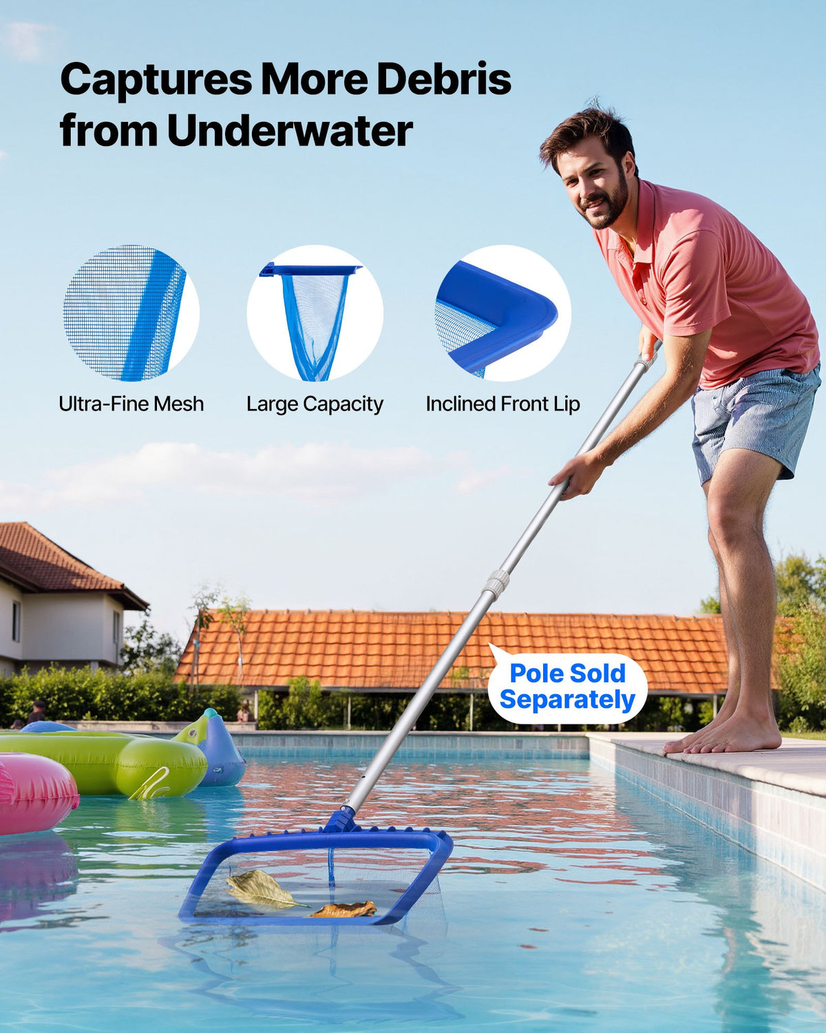 VEVOR Swimming Pool Cleaning Kit, Includes 2 Detachable Brush Heads (20 Inch / 5.5 Inch) and 2 Pool Skimmer Nets, 4-in-1 Inground/Above Ground Pools Cleaning Tools Set for Leaf, Fine Mesh, No Poles - BCGYCQJTJYCQOQBUJ001V0 - view 4