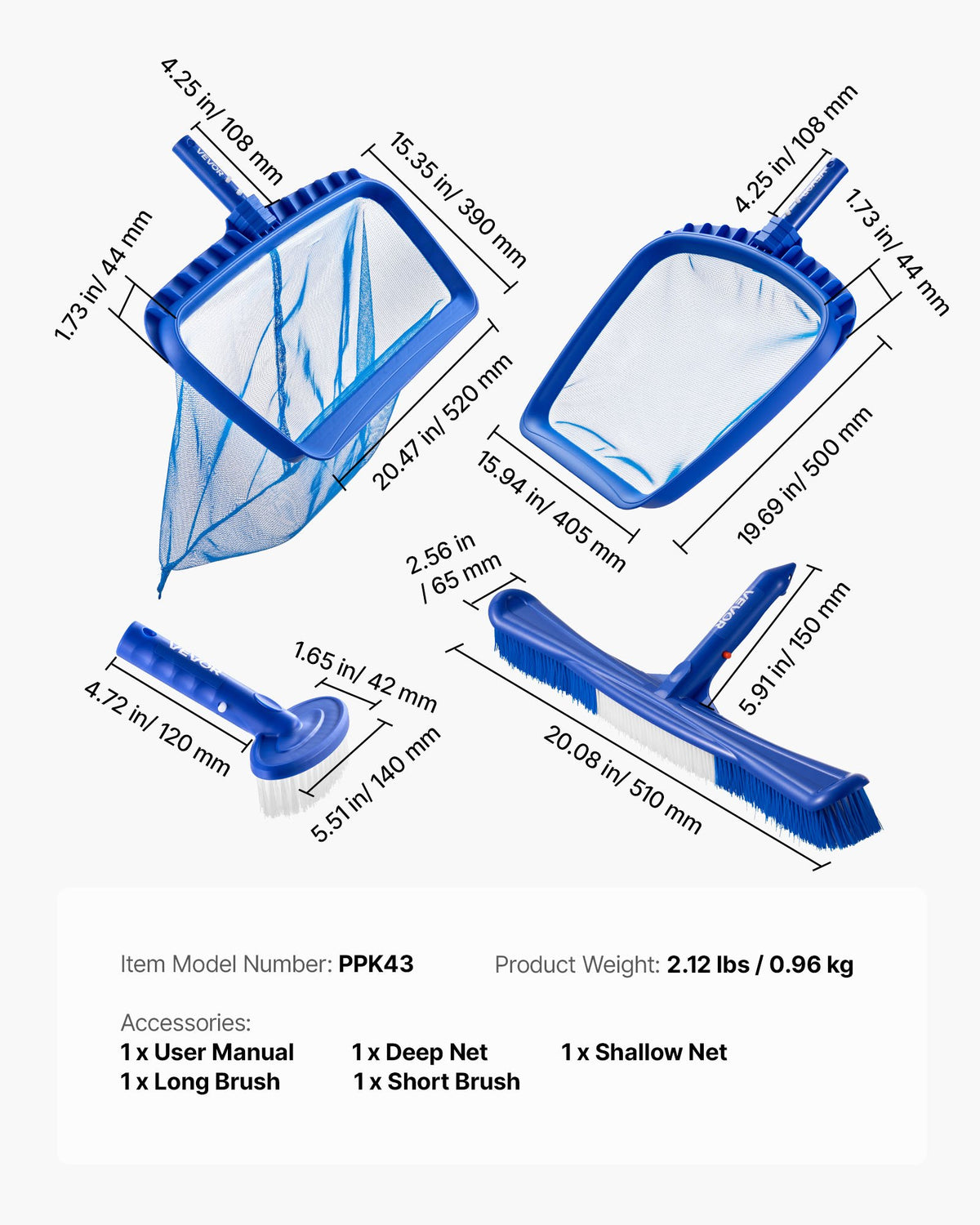 VEVOR Swimming Pool Cleaning Kit, Includes 2 Detachable Brush Heads (20 Inch / 5.5 Inch) and 2 Pool Skimmer Nets, 4-in-1 Inground/Above Ground Pools Cleaning Tools Set for Leaf, Fine Mesh, No Poles - BCGYCQJTJYCQOQBUJ001V0 - view 8
