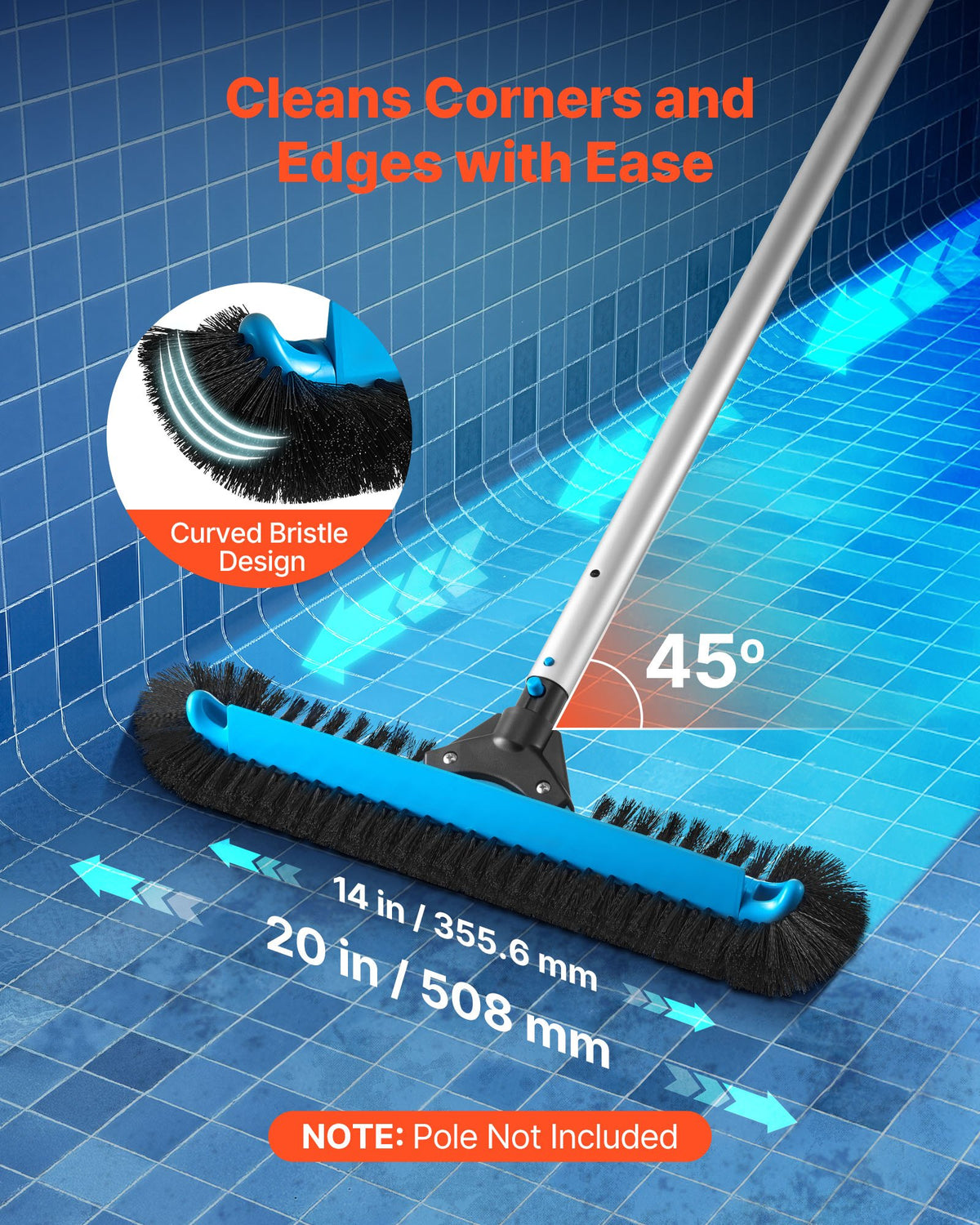 VEVOR Pool Brush Head, 20 Inch Scrub Brushes with Nylon Bristles and Aluminum Pole Connector, Heavy Duty Curved Brush Head for Cleaning Inground/Above Ground Swimming Pool Walls, Pole Not Included - BCGYCQJTJYCSX49OS001V0 - view 3