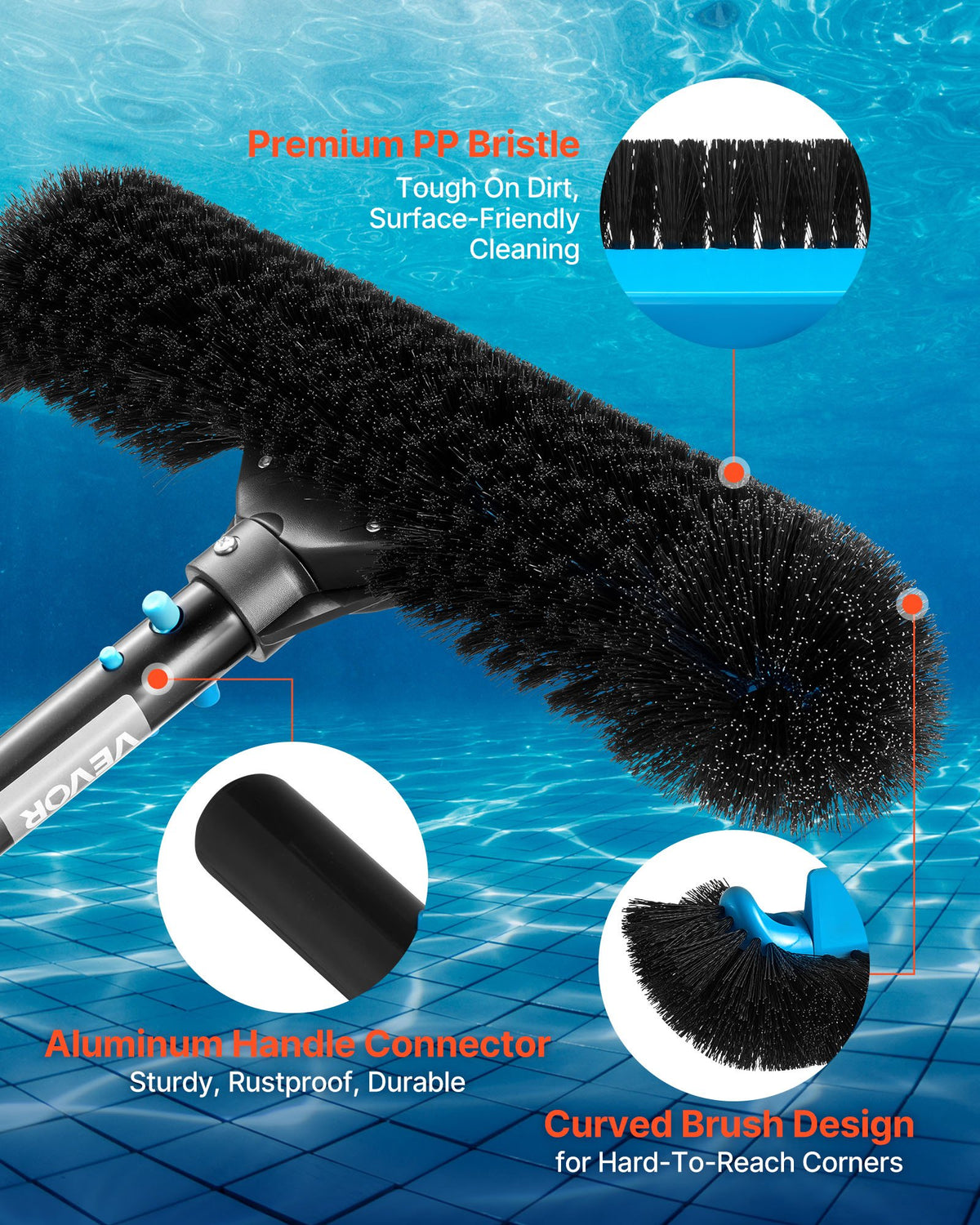 VEVOR Pool Brush Head, 20 Inch Scrub Brushes with Nylon Bristles and Aluminum Pole Connector, Heavy Duty Curved Brush Head for Cleaning Inground/Above Ground Swimming Pool Walls, Pole Not Included - BCGYCQJTJYCSX49OS001V0 - view 5