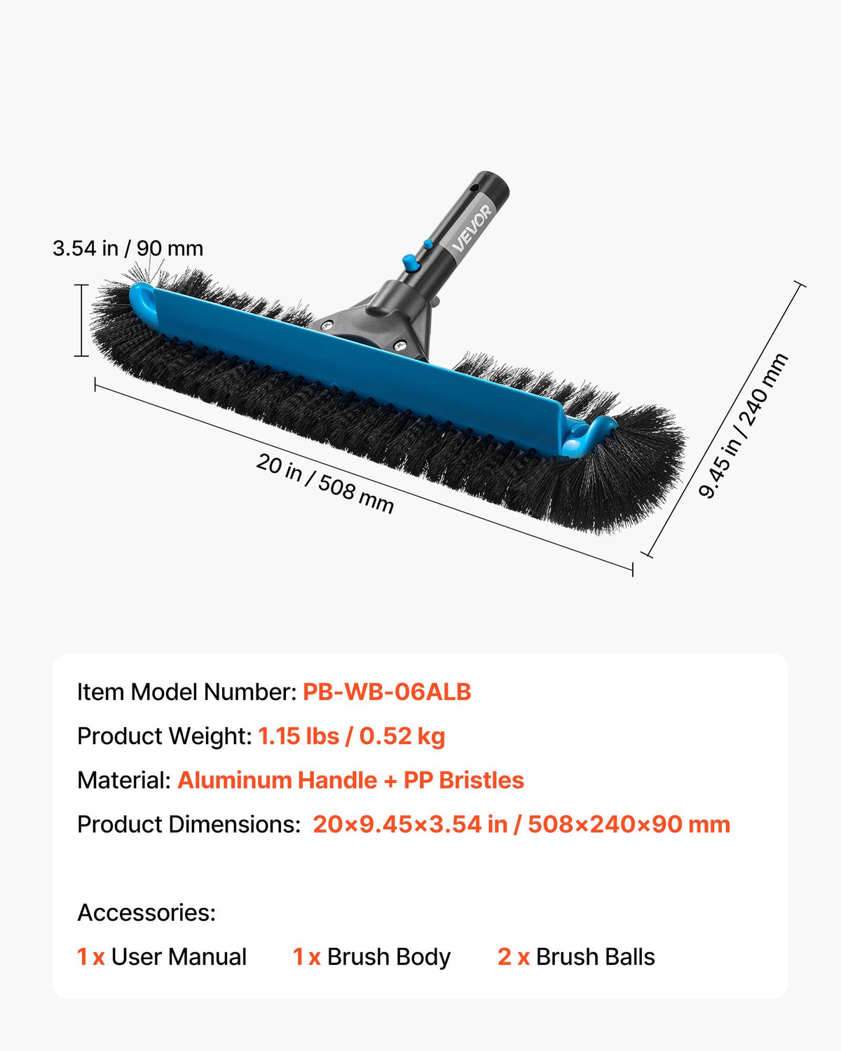 VEVOR Pool Brush Head, 20 Inch Scrub Brushes with Nylon Bristles and Aluminum Pole Connector, Heavy Duty Curved Brush Head for Cleaning Inground/Above Ground Swimming Pool Walls, Pole Not Included - BCGYCQJTJYCSX49OS001V0 - view 8