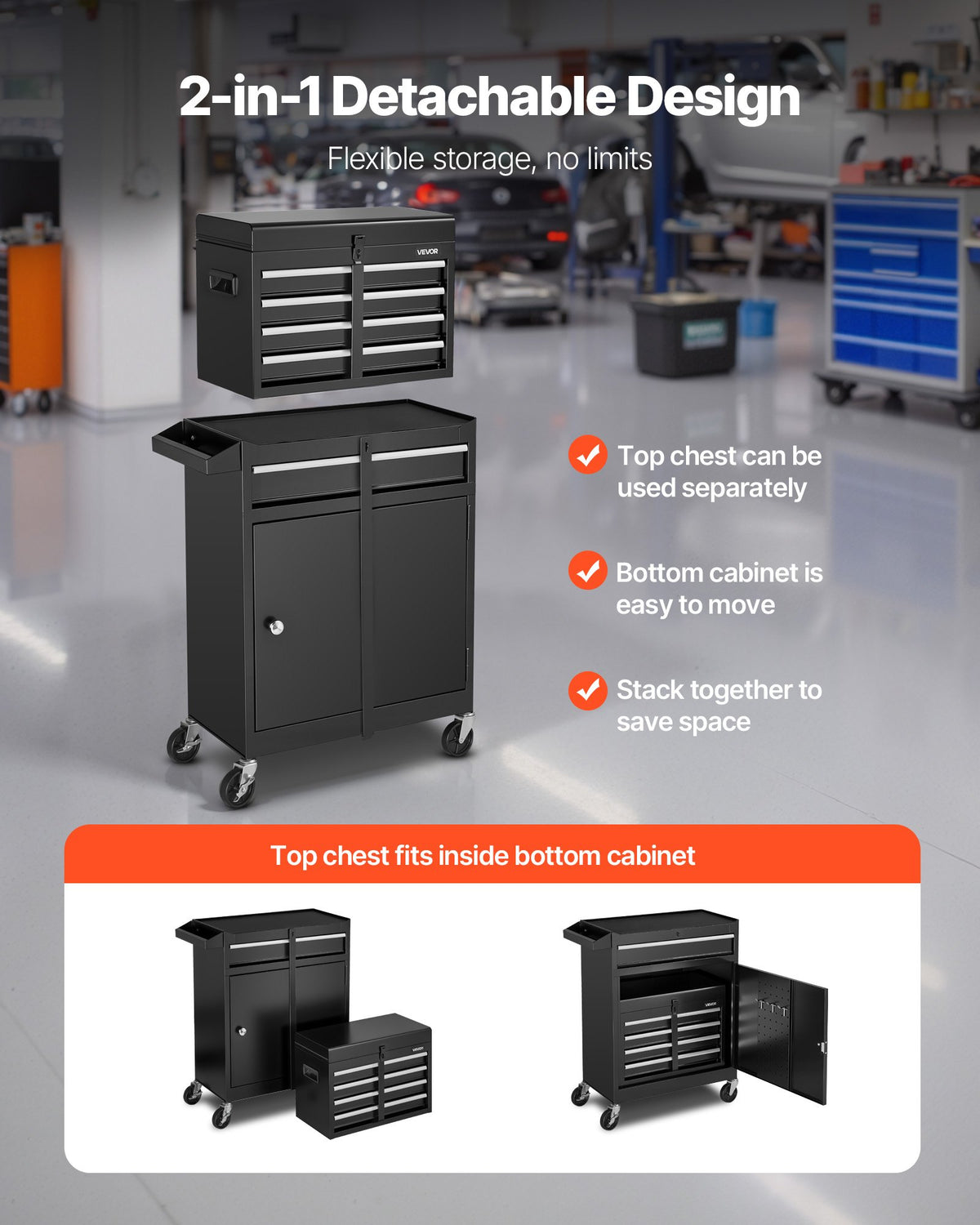 VEVOR Rolling Tool Chest, 2-in-1 Design, 5 Drawers Tool Cabinet Organizer with Detachable Top Metal Toolbox, Lock Bar, Protective Liner, and Tools Rack, Garage Storage Cabinet for Warehouse, Workshop - BCGYDGJXZHK5Q9F7C001V0 - view 3