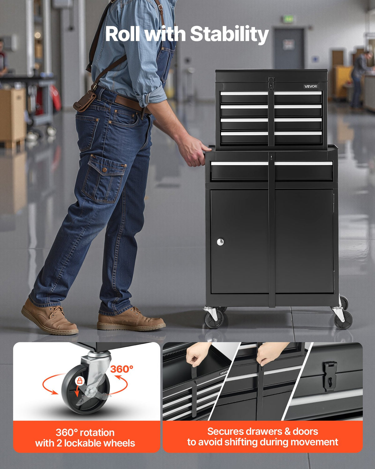 VEVOR Rolling Tool Chest, 2-in-1 Design, 5 Drawers Tool Cabinet Organizer with Detachable Top Metal Toolbox, Lock Bar, Protective Liner, and Tools Rack, Garage Storage Cabinet for Warehouse, Workshop - BCGYDGJXZHK5Q9F7C001V0 - view 6