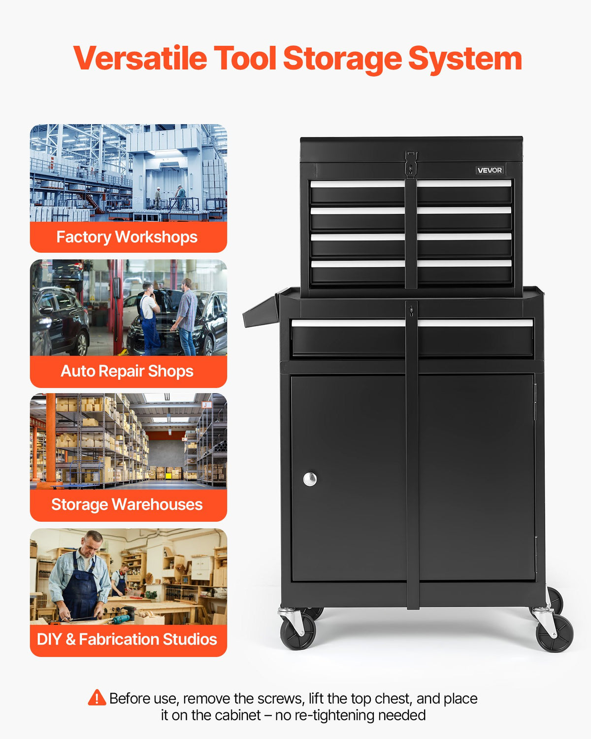 VEVOR Rolling Tool Chest, 2-in-1 Design, 5 Drawers Tool Cabinet Organizer with Detachable Top Metal Toolbox, Lock Bar, Protective Liner, and Tools Rack, Garage Storage Cabinet for Warehouse, Workshop - BCGYDGJXZHK5Q9F7C001V0 - view 7