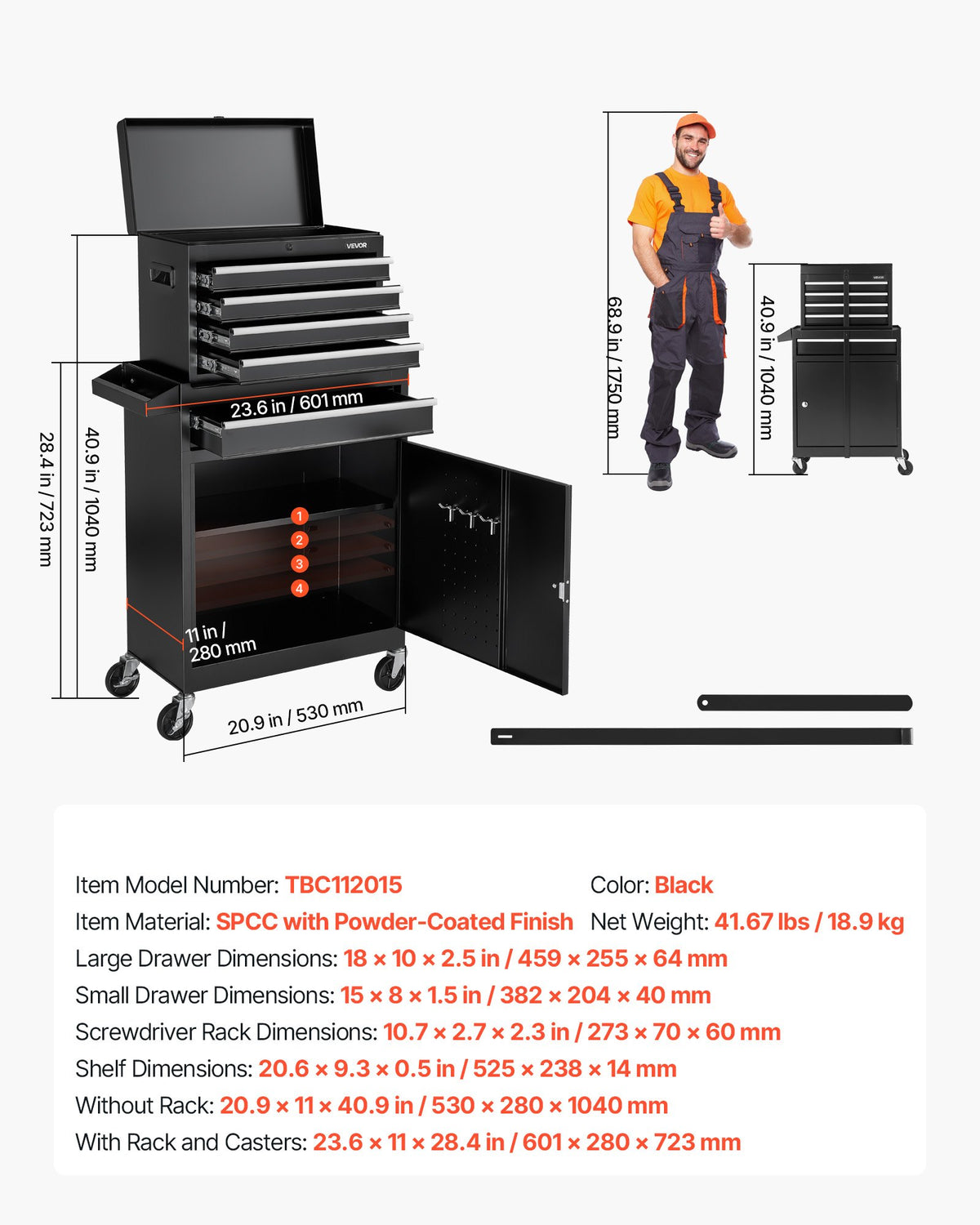 VEVOR Rolling Tool Chest, 2-in-1 Design, 5 Drawers Tool Cabinet Organizer with Detachable Top Metal Toolbox, Lock Bar, Protective Liner, and Tools Rack, Garage Storage Cabinet for Warehouse, Workshop - BCGYDGJXZHK5Q9F7C001V0 - view 8