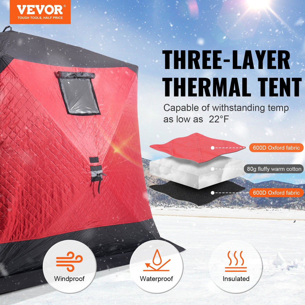 VEVOR Portable Ice Shelter, 4-6 Person Insulated Pop-Up Ice Fishing Tent, 50 Square Feet Fishable Area, Thermal Ice Shanty for Winter Fishing, Ice Cube with Anchors, Ropes, Carrying Bag, 130"x130" - BDBHS1301307N04PFV0 - view 3