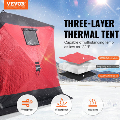 VEVOR Portable Ice Shelter, 4-6 Person Insulated Pop-Up Ice Fishing Tent, 50 Square Feet Fishable Area, Thermal Ice Shanty for Winter Fishing, Ice Cube with Anchors, Ropes, Carrying Bag, 130"x130" - BDBHS1301307N04PFV0 - view 3