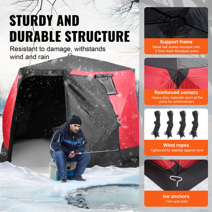 VEVOR Portable Ice Shelter, 4-6 Person Insulated Pop-Up Ice Fishing Tent, 50 Square Feet Fishable Area, Thermal Ice Shanty for Winter Fishing, Ice Cube with Anchors, Ropes, Carrying Bag, 130"x130" - BDBHS1301307N04PFV0 - view 4