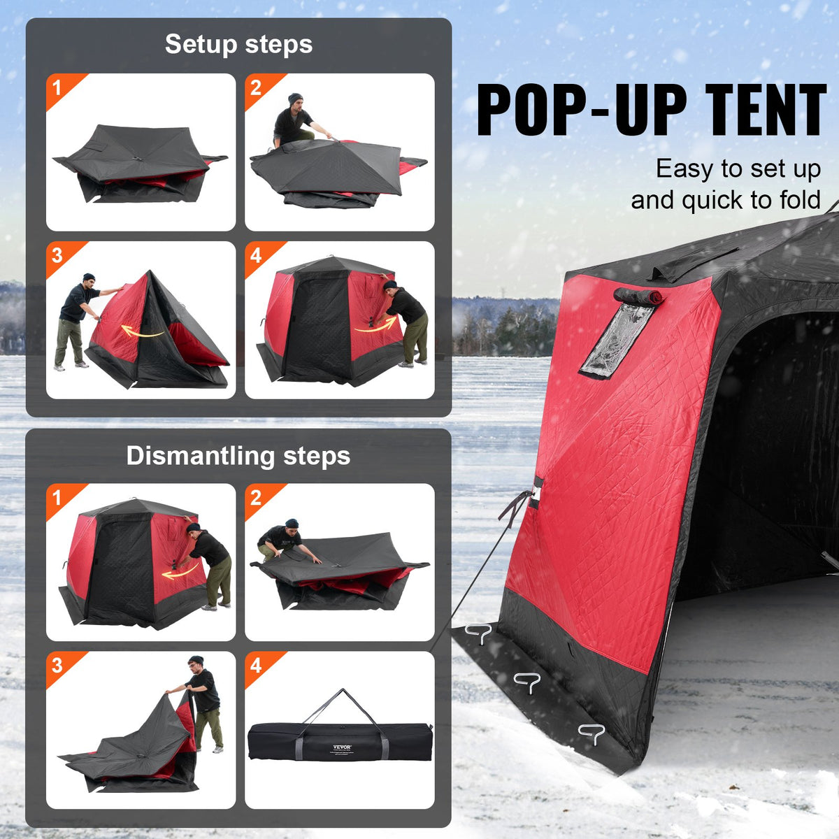 VEVOR Portable Ice Shelter, 4-6 Person Insulated Pop-Up Ice Fishing Tent, 50 Square Feet Fishable Area, Thermal Ice Shanty for Winter Fishing, Ice Cube with Anchors, Ropes, Carrying Bag, 130"x130" - BDBHS1301307N04PFV0 - view 5