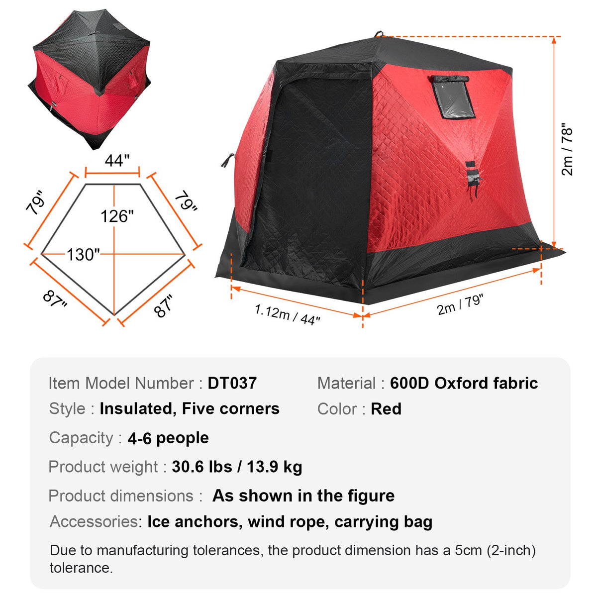 VEVOR Portable Ice Shelter, 4-6 Person Insulated Pop-Up Ice Fishing Tent, 50 Square Feet Fishable Area, Thermal Ice Shanty for Winter Fishing, Ice Cube with Anchors, Ropes, Carrying Bag, 130"x130" - BDBHS1301307N04PFV0 - view 8