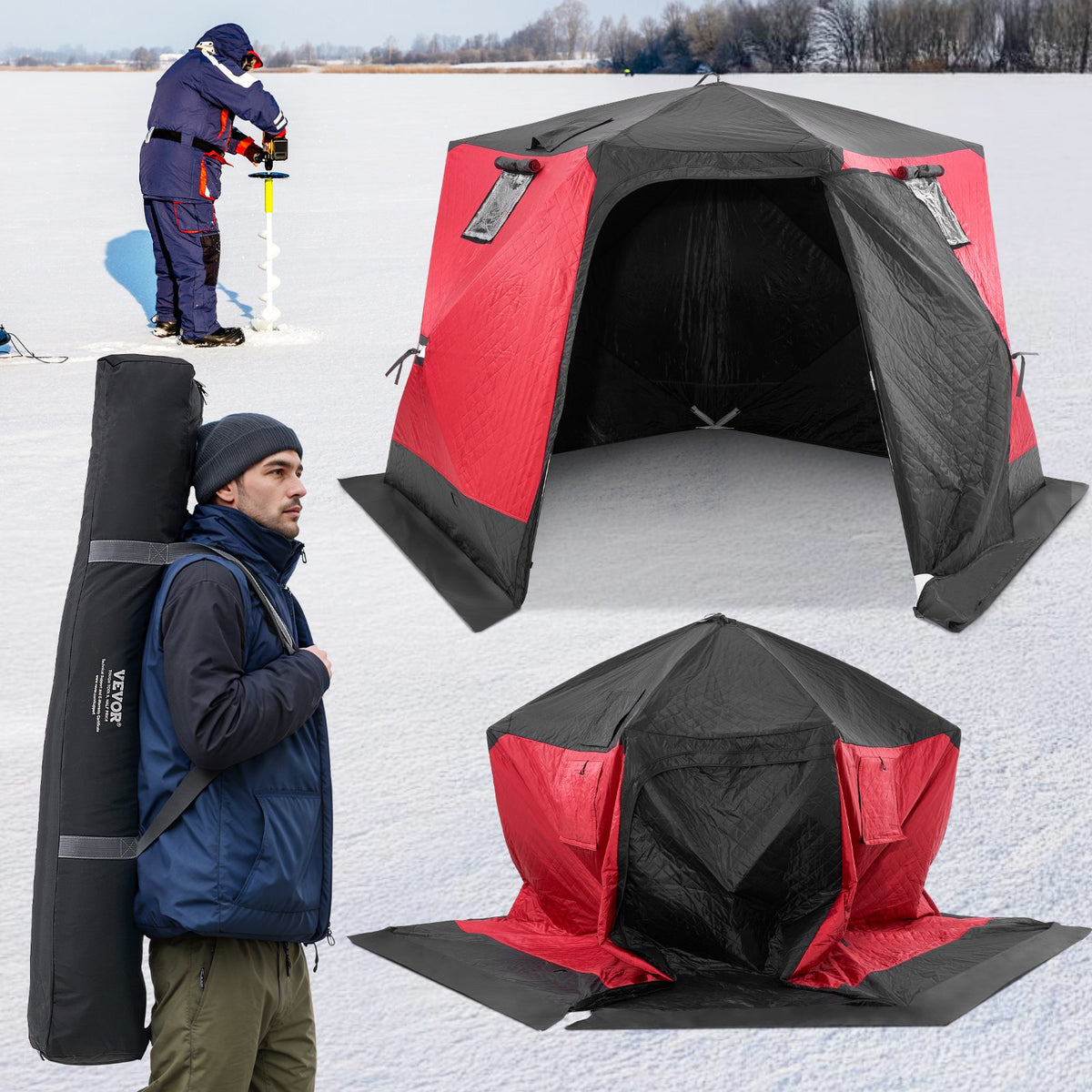 VEVOR Portable Ice Shelter, 4-6 Person Insulated Pop-Up Ice Fishing Tent, 50 Square Feet Fishable Area, Thermal Ice Shanty for Winter Fishing, Ice Cube with Anchors, Ropes, Carrying Bag, 130"x130" - BDBHS1301307N04PFV0 - view 9