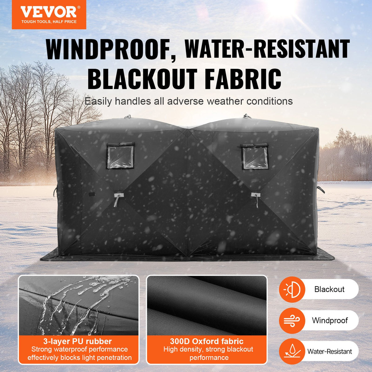 VEVOR Portable Ice Shelter, 6-8 Person Pop-Up Ice Fishing Tent, 70 Square Feet Fishable Area, Ice Shanty for Winter Fishing, Waterproof Oxford Ice Cube with Anchors/Ropes/Carrying Bag, 142"x71" Black - BDBHS141737003OIPV0 - view 3