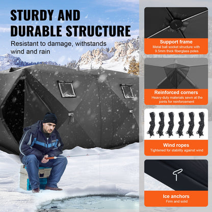 VEVOR Portable Ice Shelter, 6-8 Person Pop-Up Ice Fishing Tent, 70 Square Feet Fishable Area, Ice Shanty for Winter Fishing, Waterproof Oxford Ice Cube with Anchors/Ropes/Carrying Bag, 142"x71" Black - BDBHS141737003OIPV0 - view 4